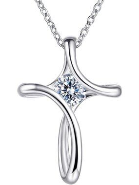 Women's Silver Diamond Sideways Sterling Silver Birthstone Cross Chain Necklace